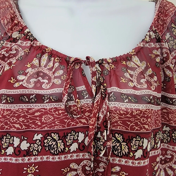 Calvin Klein Boho Red Print 3/4 Sleeve Gathered Waist Sheer Lined Dress Size M - Picture 3 of 12